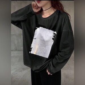 Black Acid Wash Long-Sleeve Foil Sweatshirt | M | Cotton Blend | NWT | Oversized